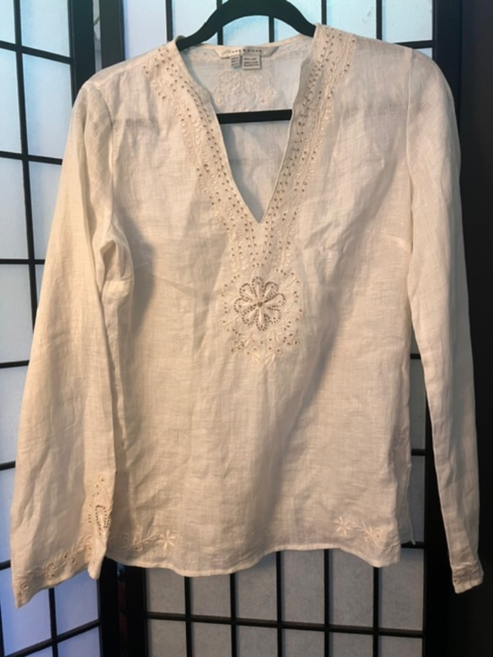 Zara Woman 100% Linen Embroidered Beaded V-Neck Tunic Blouse White M
